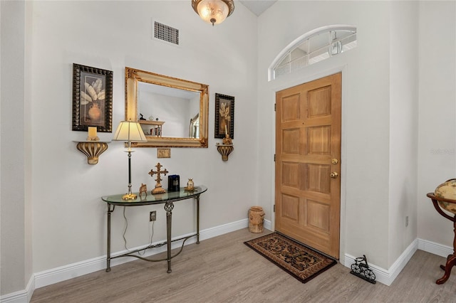 foyer with light hardwood / wood-style floors and a high ceiling