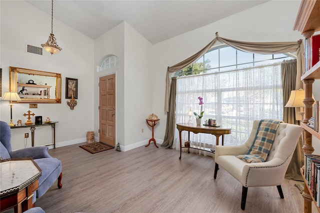 living area with light hardwood / wood-style floors and vaulted ceiling