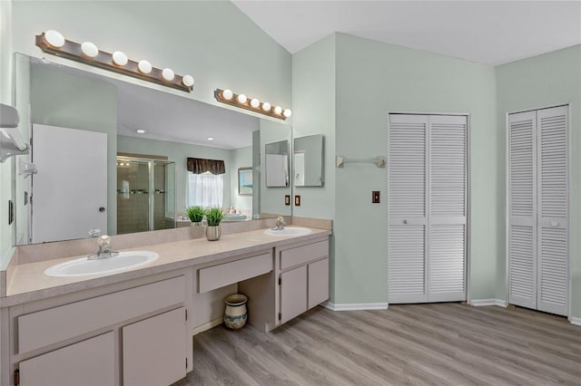 bathroom with wood-type flooring, vanity, and walk in shower