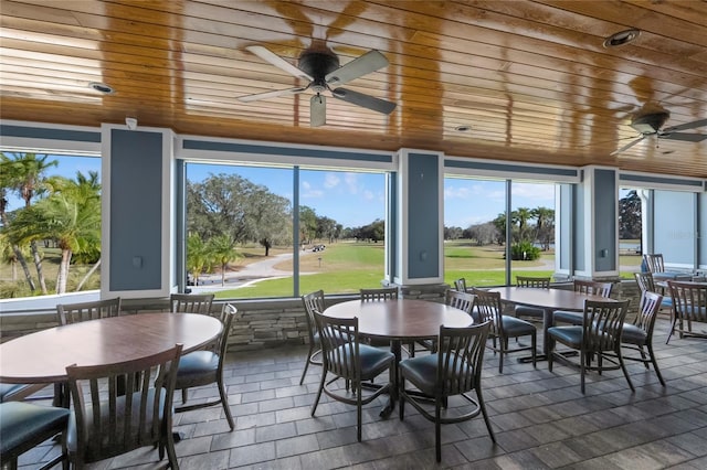 sunroom featuring ceiling fan and wood ceiling