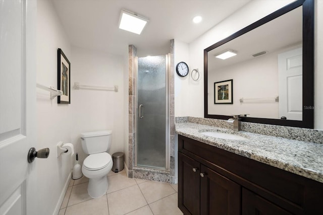 bathroom featuring tile patterned flooring, vanity, toilet, and an enclosed shower