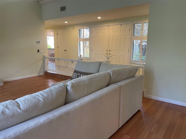 living room featuring wood-type flooring and plenty of natural light