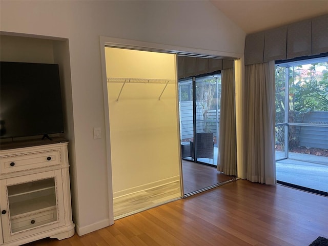 interior space featuring a walk in closet, access to outside, light hardwood / wood-style flooring, and a closet