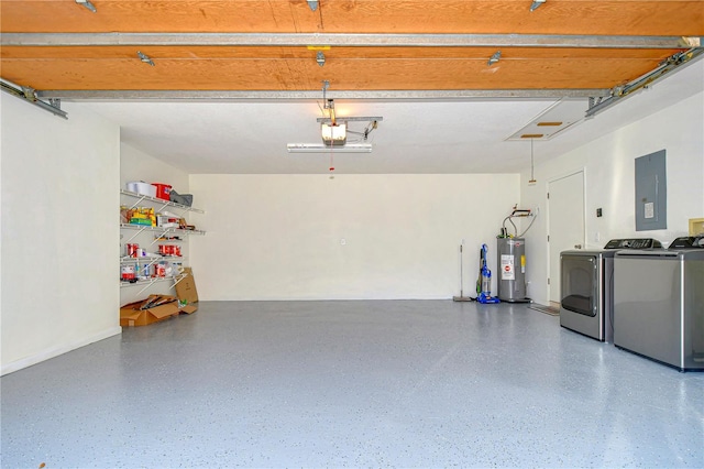 garage with electric panel, electric water heater, washer and clothes dryer, and a garage door opener