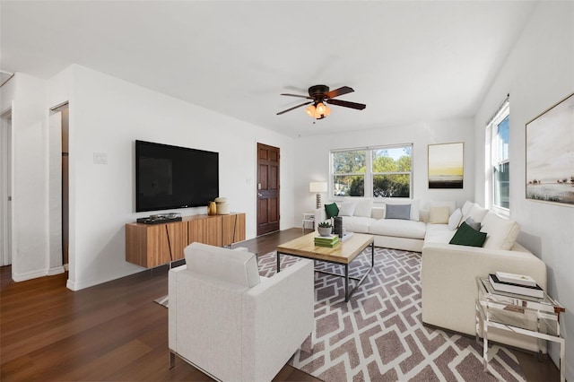 living room featuring ceiling fan and dark hardwood / wood-style floors