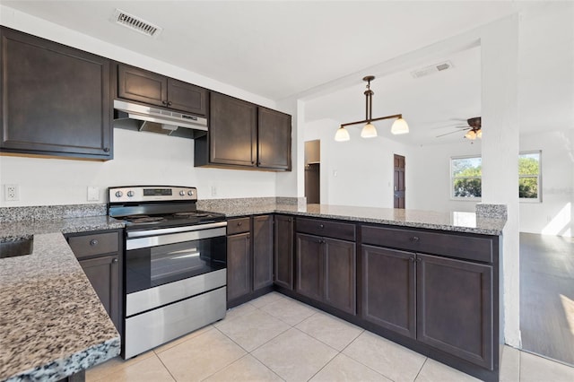 kitchen with electric range, ceiling fan, and kitchen peninsula