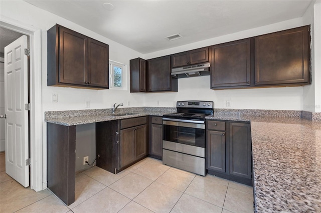 kitchen featuring stainless steel range with electric stovetop, dark brown cabinets, light tile patterned flooring, and sink