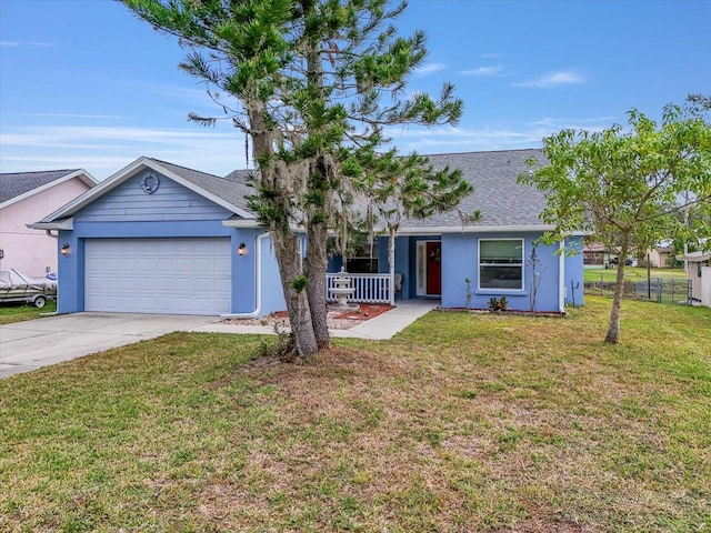 ranch-style house with a porch, a garage, and a front lawn