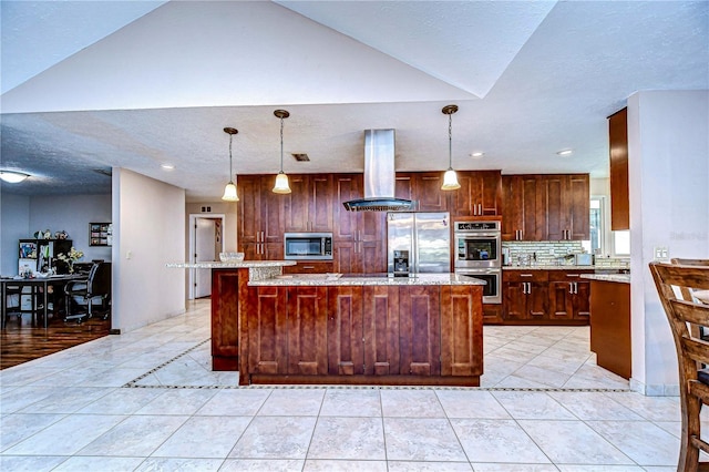 kitchen with island exhaust hood, a center island, pendant lighting, and appliances with stainless steel finishes