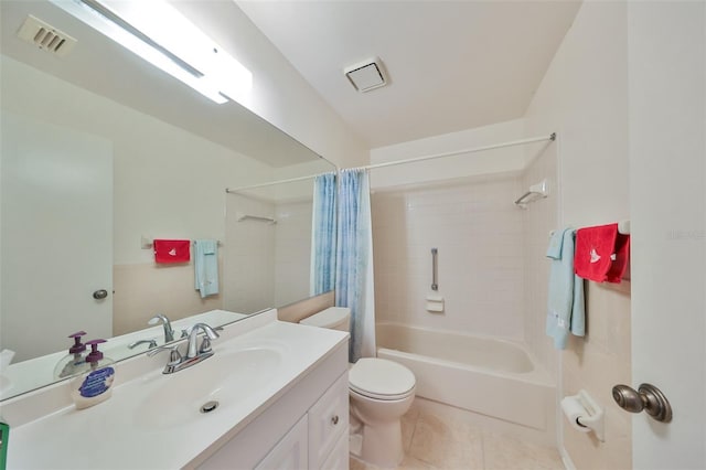 full bathroom featuring tile patterned floors, vanity, shower / bathtub combination with curtain, and toilet