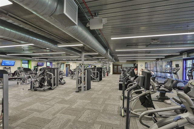 exercise room featuring light colored carpet