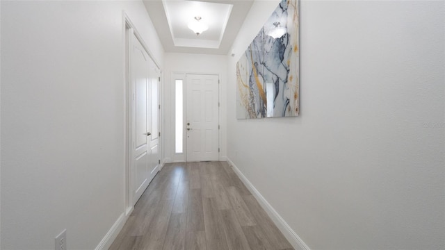 doorway to outside featuring light hardwood / wood-style flooring and a tray ceiling