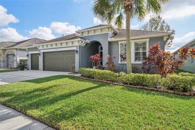 mediterranean / spanish home featuring a garage, a front yard, concrete driveway, and stucco siding