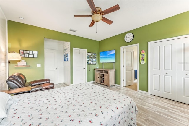 bedroom with ceiling fan and light wood-type flooring