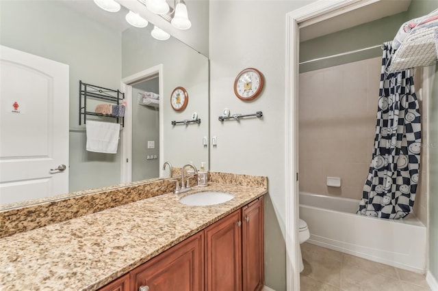 full bathroom with shower / bath combination with curtain, vanity, toilet, and tile patterned floors