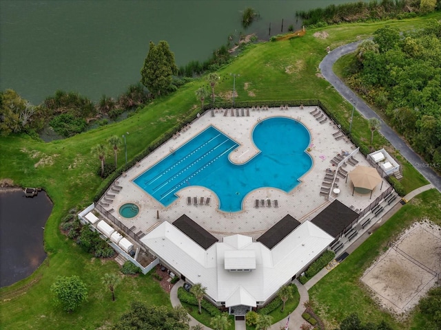 aerial view featuring a water view