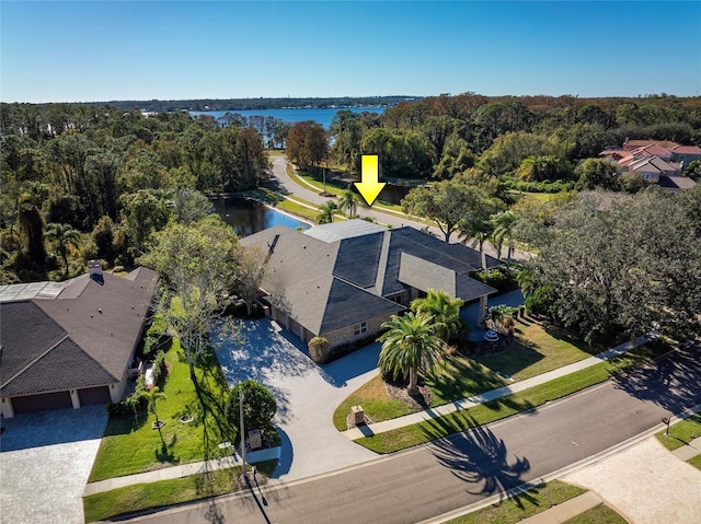 drone / aerial view featuring a water view