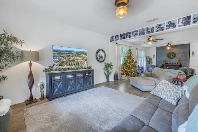 living room with ceiling fan and wood-type flooring