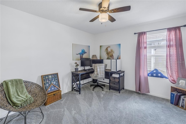 office area featuring carpet floors and ceiling fan