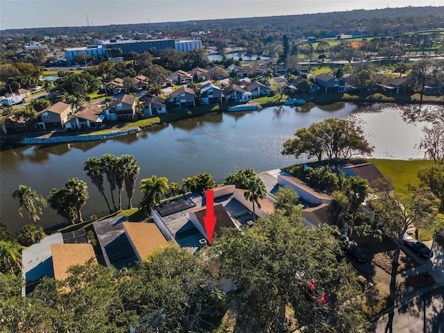 aerial view featuring a water view