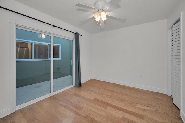 unfurnished bedroom with light hardwood / wood-style floors and ceiling fan