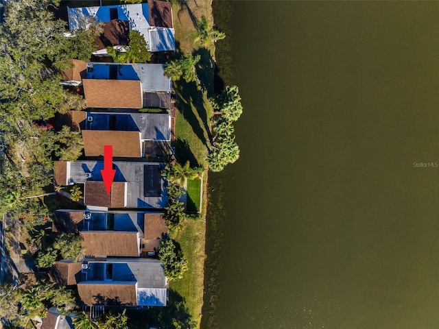 drone / aerial view featuring a water view