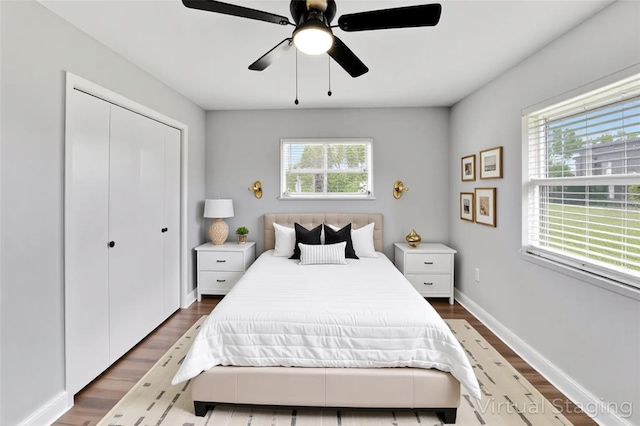 bedroom featuring a ceiling fan, wood finished floors, multiple windows, and a closet