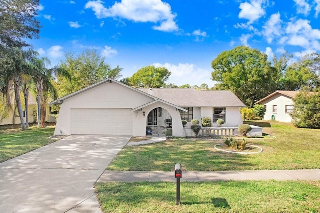 ranch-style house with a front yard and a garage