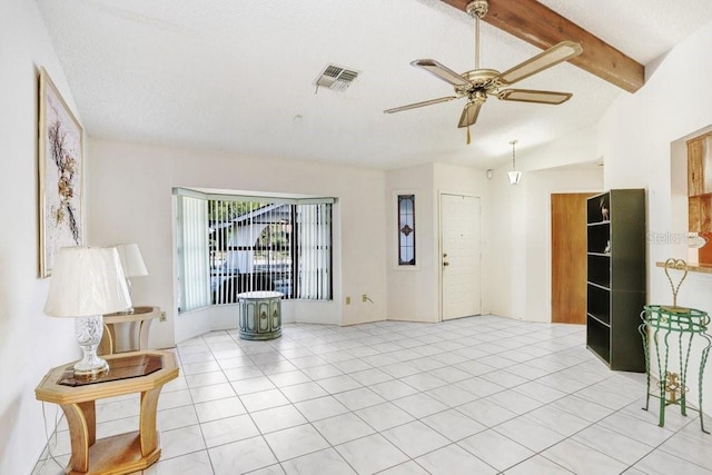 tiled living room with lofted ceiling with beams and ceiling fan