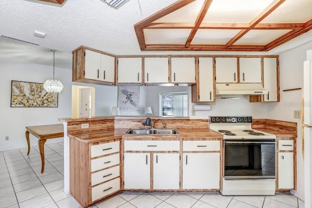 kitchen with sink, electric range, a textured ceiling, decorative light fixtures, and kitchen peninsula