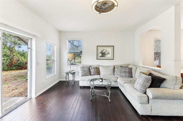 living room with dark hardwood / wood-style flooring