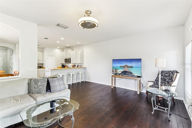 living room featuring dark wood-type flooring