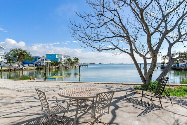 view of patio with a water view