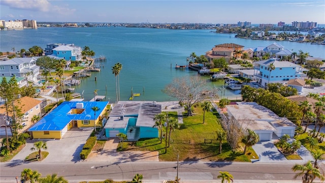 drone / aerial view featuring a water view