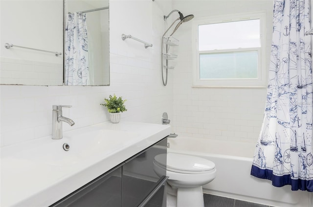 full bathroom with backsplash, vanity, shower / bath combo with shower curtain, tile walls, and toilet