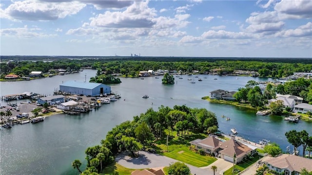 aerial view featuring a water view