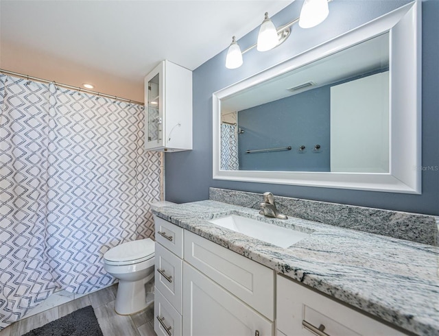 bathroom featuring vanity, toilet, and wood-type flooring