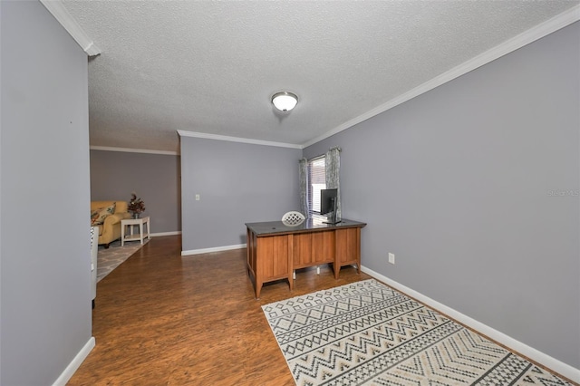 office space with a textured ceiling, dark hardwood / wood-style flooring, and crown molding