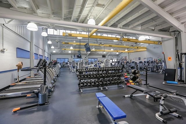 gym with a towering ceiling