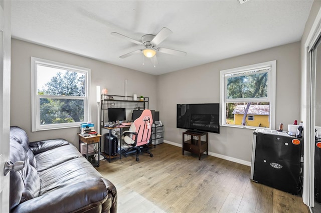 office space featuring ceiling fan and hardwood / wood-style floors