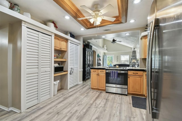 kitchen featuring appliances with stainless steel finishes, a raised ceiling, ceiling fan, light hardwood / wood-style floors, and lofted ceiling