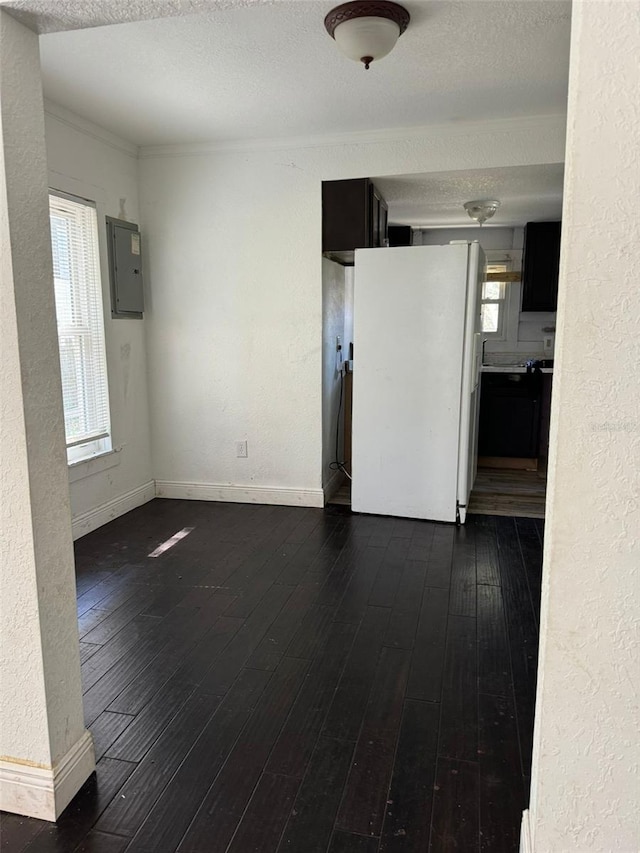 empty room featuring a textured ceiling, dark hardwood / wood-style flooring, electric panel, and crown molding