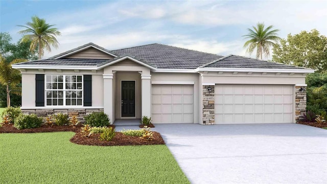 ranch-style house featuring a garage and a front lawn