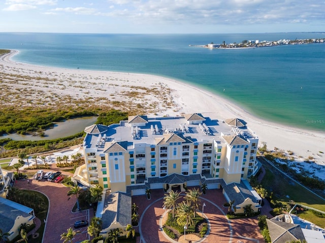 aerial view featuring a beach view and a water view