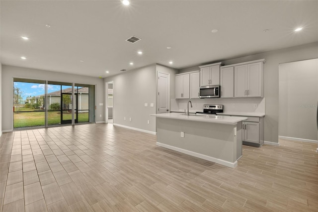 kitchen with appliances with stainless steel finishes, sink, and a center island with sink