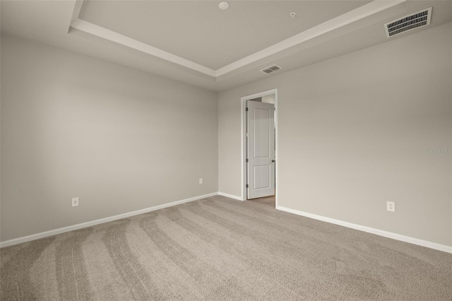 carpeted spare room with a raised ceiling