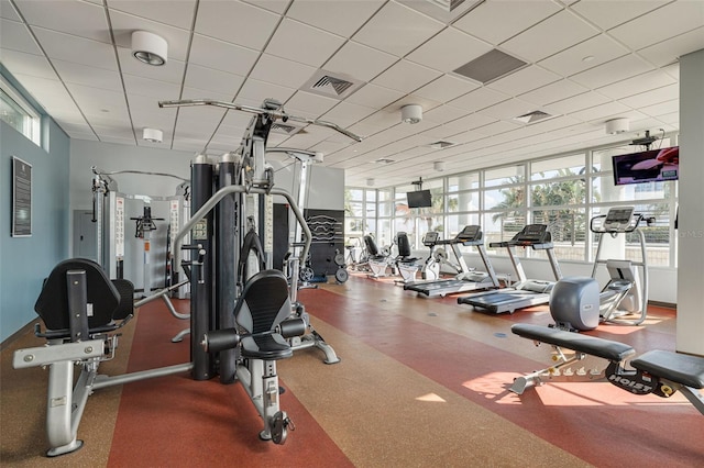 gym featuring a drop ceiling and a wealth of natural light