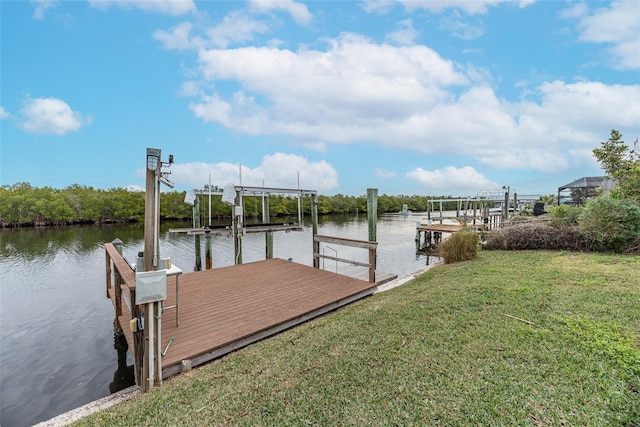 dock area featuring a yard and a water view