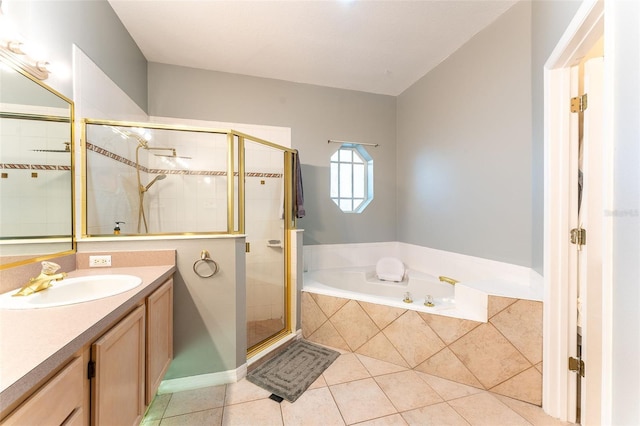 bathroom with separate shower and tub, tile patterned flooring, and vanity