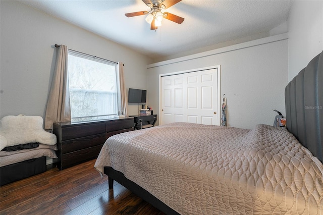 bedroom with ceiling fan, a closet, and dark wood-type flooring